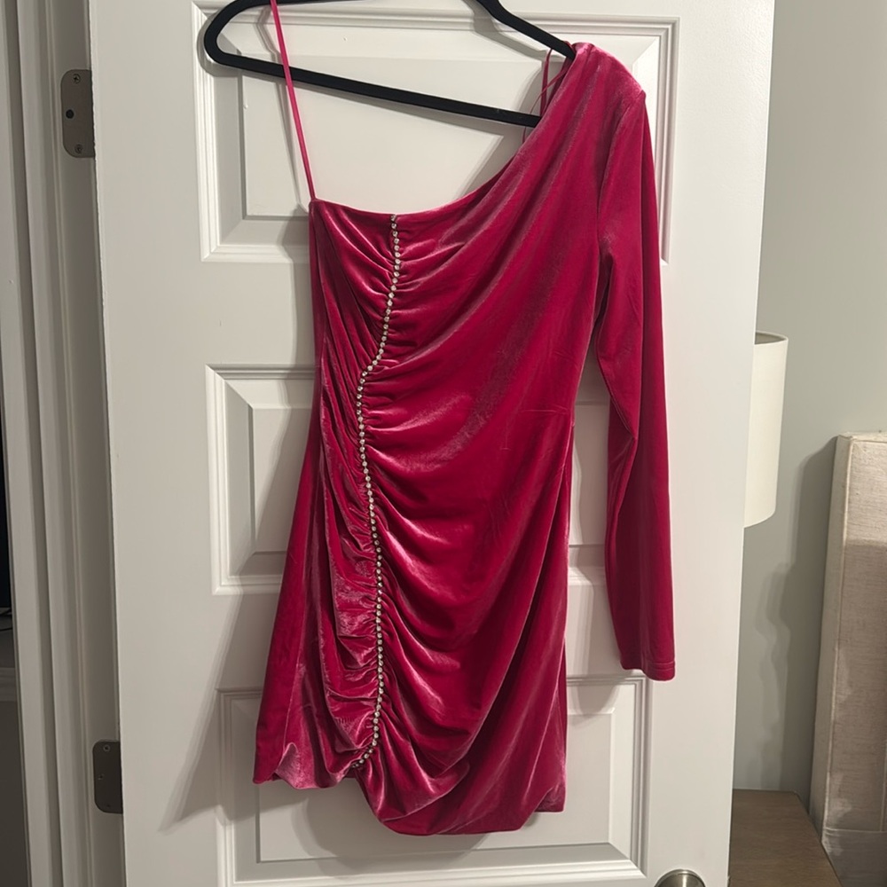One-Shoulder Pink Velvet Dress